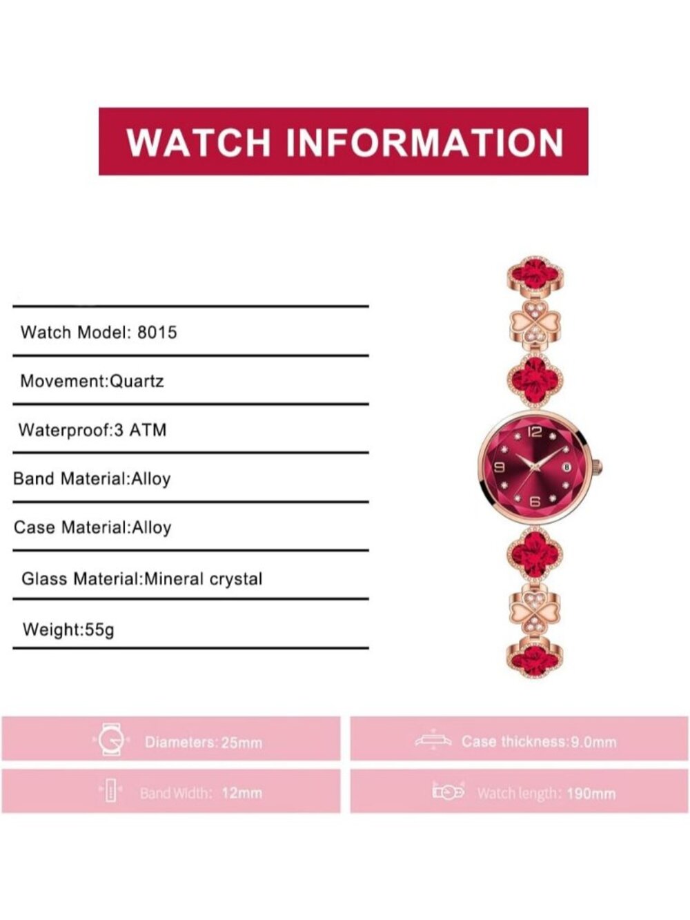 Women's Red Luxury Dress Ladies Stainless Steel Bracelet Date Wrist Watches - Picture 4 of 6